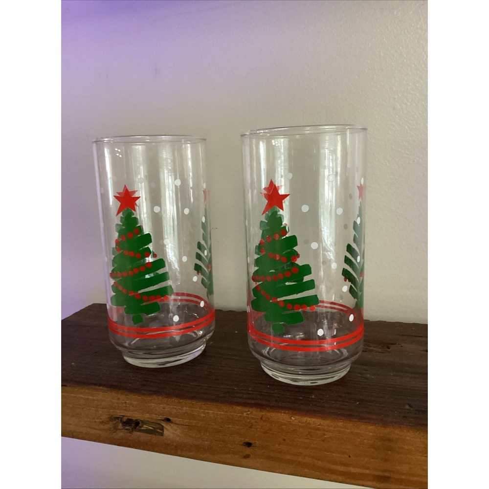 Set Of  (2) VTG Libbey Christmas Glasses Christmas Trees Red Stars Garland 16oz